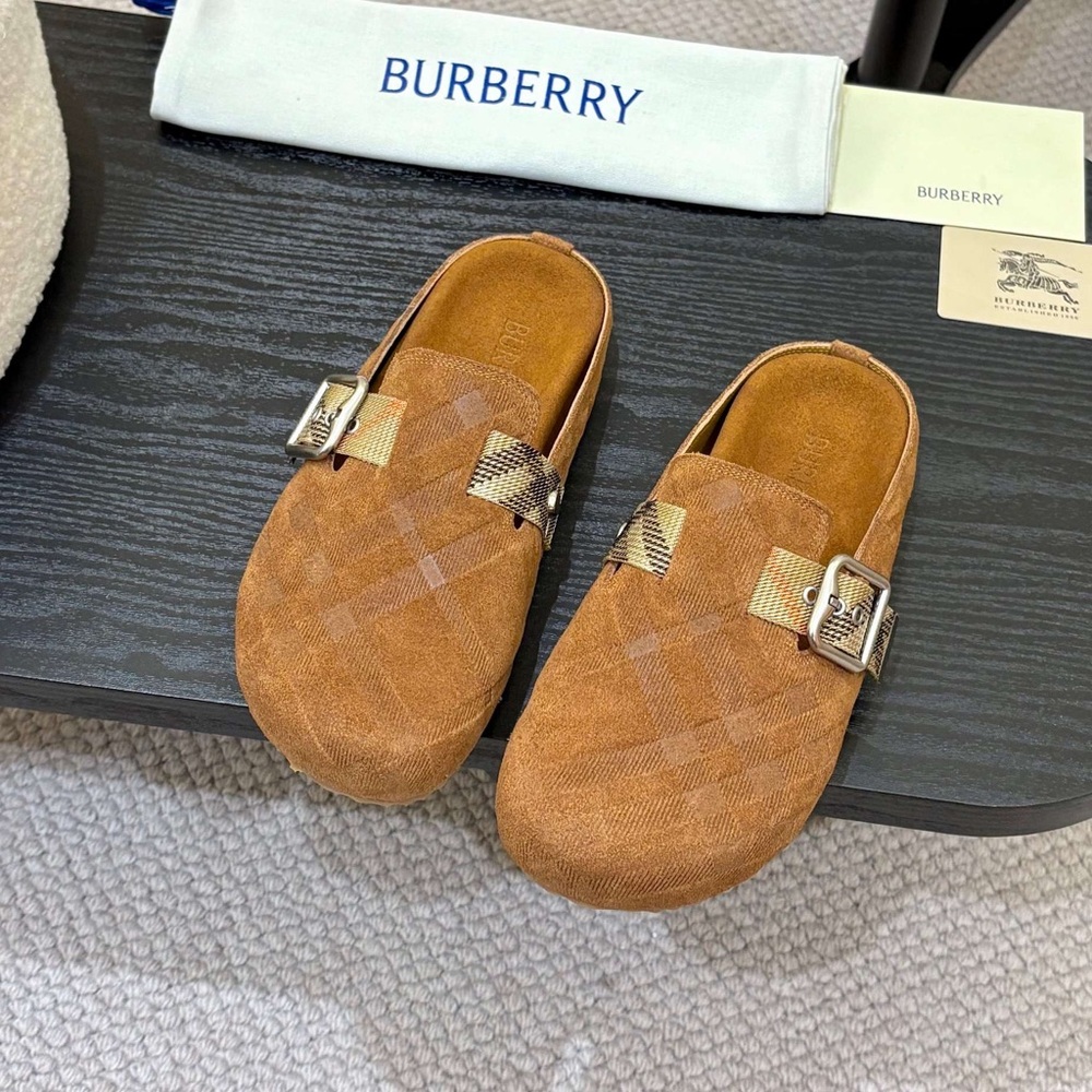 Burberry Brown Suede Mule Clogs with Check Strap and Silver Buckle